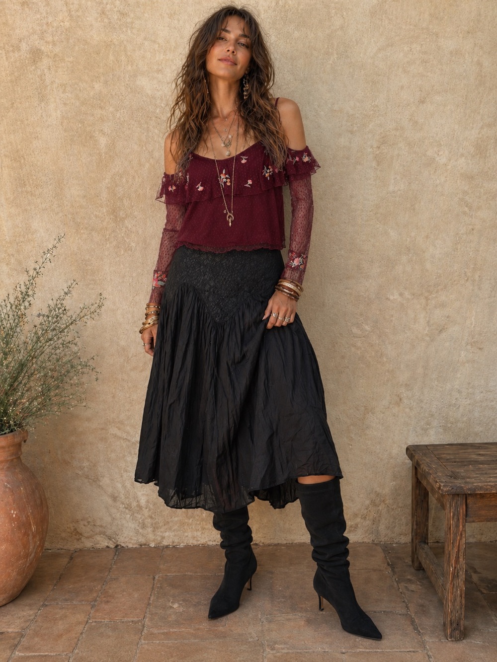Burgundy Embroidered Mesh Cold Shoulder Top Whimsy Goth Romantic Boho Medium